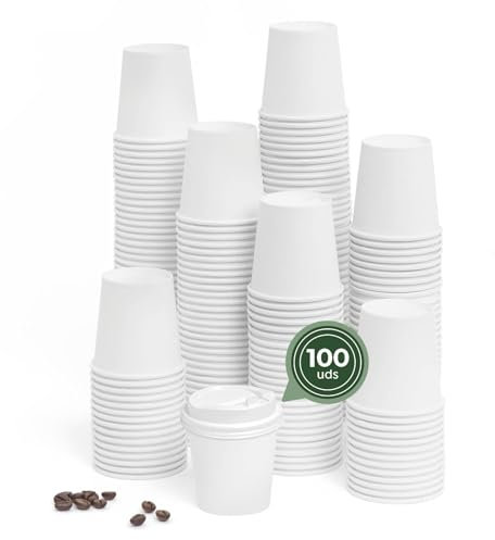 Maxi Products - 100 Vasos Cartón Blanco + Tapa Blanca - 120 cc (4 oz) - Vasos Desechables para Café para Llevar - Reciclables - Apto Alimentos Calientes - TAKE AWAY