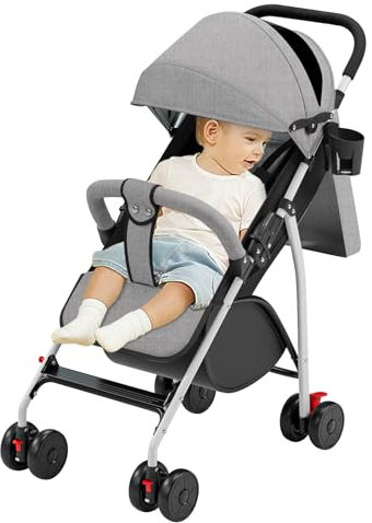 Poussette canne compacte Ingenious,avec position allongée,de la naissance à 4 ans (Jusqu’à 25 kg), canapé, avec moustiquaire, porte-gobelet, 47 * 72 * 97cm- gris