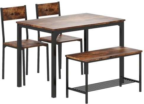 AuraCraft Esstisch-Set Essgarnitur 110 cm Küchentisch-Set für 4 Personen, 2 Stühle mit Rückenlehne, 2-Personen-Bank mit Ablagefach, Nesting-Möbel-Set für das Esszimmer (Vintage-Farbe, 110x70x76CM)
