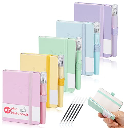 Mulaibdin 5 Stk Notizbuch A7 mit Stift, Notizbuch mit Stifthalter Band, Kleines Notizblock Hardcover, Mini Notizbücher Notizheft Taschen für Büro,Schule,Memo,Tagebuch,Field Notes(200 Seiten) (A)