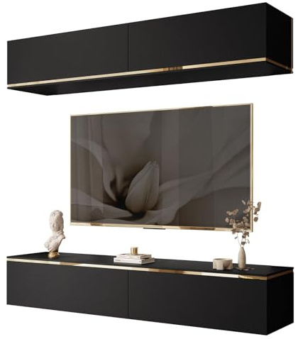 Lookway Hängende Wohnwand Aurora Schwarz Matt mit Goldener Dekorativer Leiste LED-Option zur Wahl Modernes Wohnzimmermöbel (ohne LED Beleuchtung)