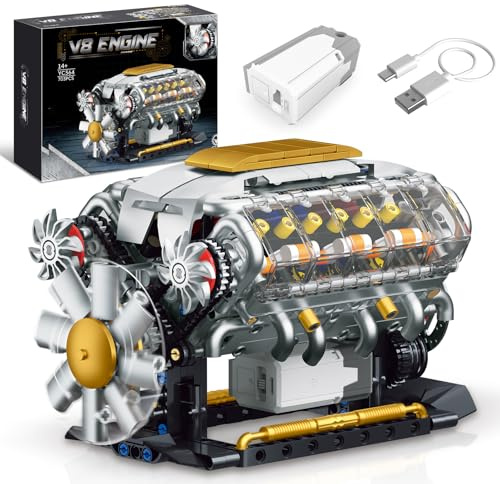 V8 Engine Model Kit That Runs, Build Your Own Mini Visible Car Motor, Compatible with Lego, Physical Science Experiment Building Set for Adults & Teens, STEM Toy Gift for Boys 14+ (703 PCS)