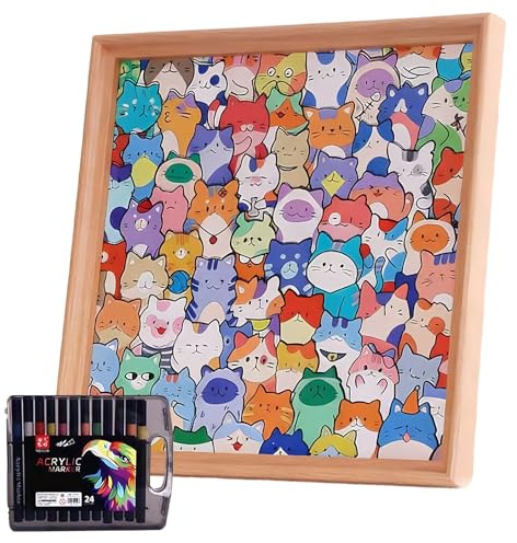 Wooden Colouring Puzzle with 24 Color Pens, DIY Cat Colouring Jigsaw Puzzles, Cat Puzzle Frame for Home Travel Classroom Birthday Holiday