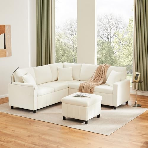 Merax Chenille Ecksofa mit Schlaffunktion, Ausziehsofa mit Hocker und integriertem Tisch, Leselampe, USB & Type-C Ladeanschlüsse, Multifunktionaler Couchtisch, 205×205×85 cm, Beige