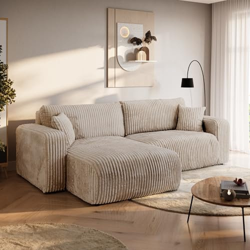 BROMARKT Ecksofa mit Schlaffunktion und Bettkasten 125x200cm L Beige | Schlafsofa mit Stauraum und Kissen Eckcouch Sofa für Wohnzimmer Wohnlandschaft 3 Sitzer Universell freistehend Couch TILIO