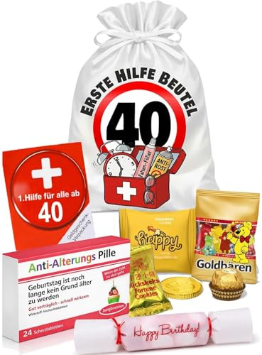 Erste Hilfe Beutel zum 40. Geburtstag mit Geschenkbox, Scherzpillen & Wunschnamen – Personalisiertes Geldgeschenk Verpackung inkl. Satinbeutel, Glückskeksen & Konfetti-Bonbon