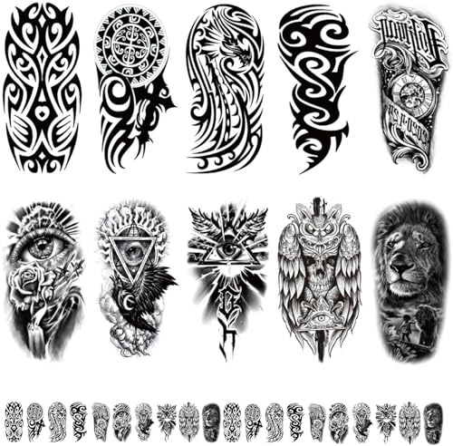 Lot de 20 tatouages temporaires autocollants, tatouages pour les avant-bras loup, lion, aigle, squelette, tête de mort,tatouages imperméables pour le corps, les bras et la poitrine, pour hommes ou
