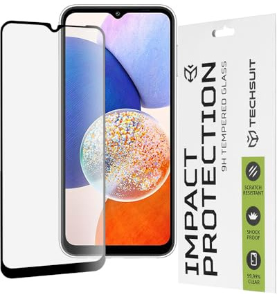 Techsuit Displayschutzfolie für Samsung Galaxy A14 4G, A14 5G Gehärtetes Glas mit 9H Härte, Vollständige Abdeckung, Stoßschutz, Anti Fingerabdruck, Oleophobe Beschichtung, 111D Full Glue