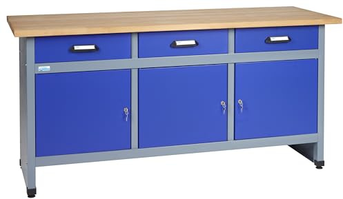 Küpper Werkbank 12157, 170x84x60 cm, 3 Schubladen, 3 Türen, 300 kg Traglast, 30 mm Massive Buchenarbeitsplatte