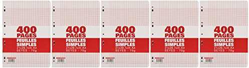 Produit Neutre 400003788 Feuillets mobiles sous film plastique Format A4 Seyès grands carreaux 400 pages Lot de 5