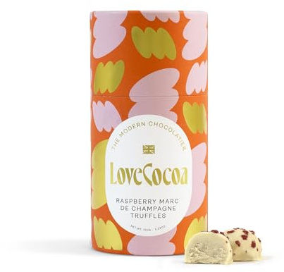 Love Cocoa Raspberry Marc de Champagne Chocolate Truffles in Luxury Gift Tube - Approx 13-15, 150g - Chocolate Truffles with a alcohol ganache - Perfect for Christmas, Gifting