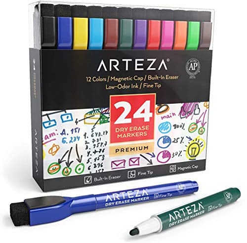 ARTEZA magnetische Whiteboard Marker, 24 bunte Whiteboard Stifte mit dünner Rundspitze, trocken abwischbare Boardmarker mit Filz-Radierer für Schule, Büro und Zuhause, 1 stück (24er Pack)