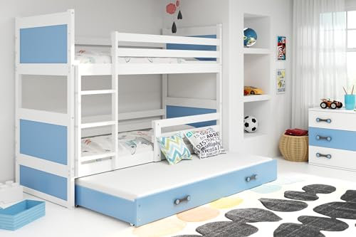 Interbeds Etagenbett Hochbett RICO 3 (für DREI Kinder) 80x190cm, Frabe: weiβ + 2. Farbe zu wählen; Kinderbett mit Lattenroste + Matratzen (blau)