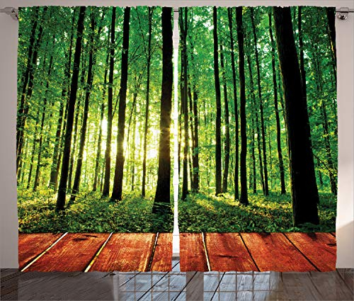 ABAKUHAUS Natur Rustikaler Gardine, Sonnenlicht Wald Bäume, Schlafzimmer Kräuselband Vorhang mit Schlaufen und Haken, 280 x 225 cm, Armeegrün braun