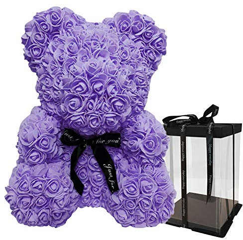 Boodtag Rose Teddy Bear with Ribbon, Gift Box Included, Forever Artificial Flowers for Valentine's Day Birthday Anniversary (Purple, Height| 35cm)