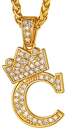 Suplight Herren Buchstabe C Halskette Iced-Out CZ Krone Anhänger mit 56+5cm Weizenkette 18k vergoldet Hip Hop Rapper Modeschmuck Accessoire für Jungen