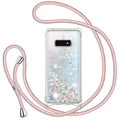 TUUT Coque pour Samsung Galaxy S10e avec Cordon, Paillette Liquide Étui pour Téléphone avec Lanière, Transparent Silicone Collier Réglable Téléphone Housse Portable Lanyard Case, Or Rose