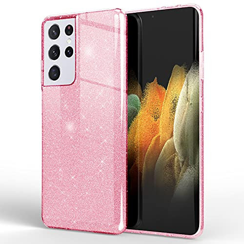 NALIA Custodia Glitter compatibile con Samsung Galaxy S21 Ultra - Look Scintillante & Grip - SHINEPOP (Silicone Cover) - Brand di Berlino, Colore:Pink