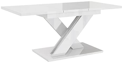 Mirjan24 Tisch für Esszimmer Hubara, Küchentisch, Praktischer Auszugstisch, Esszimmertisch, Rechteckiger Esstisch, Ausziehtisch (Weiß Hochglanz)