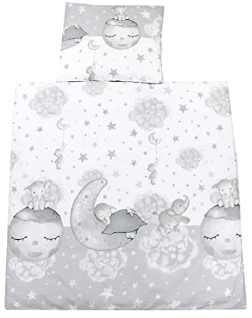 TupTam Unisex Baby Wiegenset 4-teilig Bettwäsche-Set: Bettdecke und Kopfkissen mit Bezug, Farbe: Mond mit Elefant/Grau, Größe: 80x80 cm