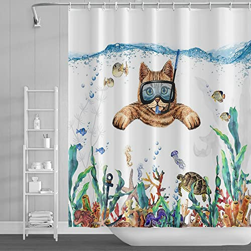 SDOTPMT 180x198cm Lustige Katze Schwimmen im Unterwasser Duschvorhang Ozean Welt Meer Schildkröte Tintenfisch Fisch Seegras Badevorhang für Kinder Kinder Badezimmer Vorhang mit Haken