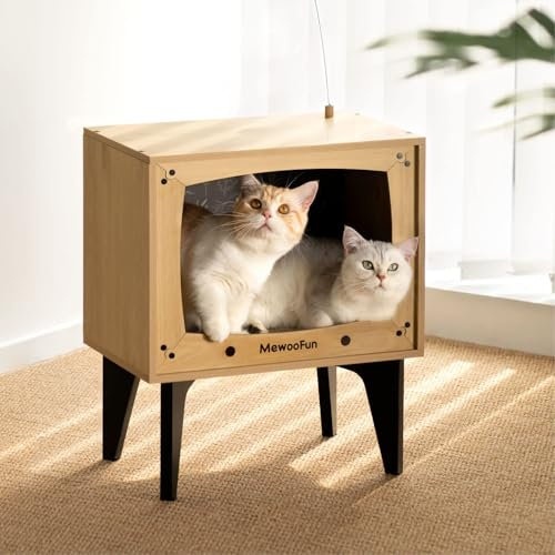 Cat House Wooden Retro TV Cat Condo with Scratching Pad and Cat Toy