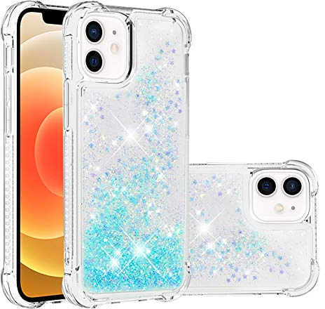 IMIRST Silicone Phone Case for Apple iPhone 12, Corner Airbag Fall Protection Bling Glitter Quicksand Liquid Sparkle TPU Case Cover for Apple iPhone 12. YBW Star Blue