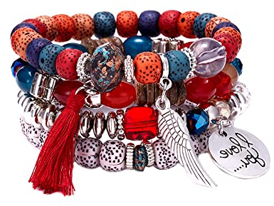 QKEPCY 4pcs Armband-Set mit Quasten Wickelarmband mit Naturstein Perlen Boho Mehrschichtiges Damen Armbänder Marmor-Armband mit Herz Perlen-Handkette verstellbar für Damen und Mädchen (Rot)