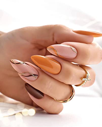 Sethexy Paillettes Swirl Faux ongles Amande Court Ongles à presser Automne Orange Glossy Faux ongles 24Pcs Acrylique Ongles à coller pour femmes et filles
