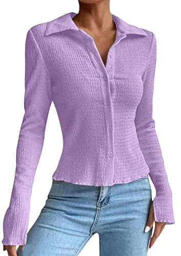 Camicia da donna in seta a maniche lunghe, con bottoni, casual, oversize, camicette a quadri, colore rosso, Lilla, M