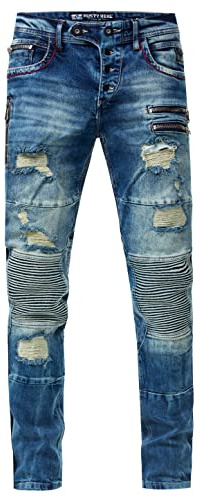 Rusty Neal Herren Biker-Jeans 'Misato' DIE-Absolute-Jeans Slim Fit Stretch Destroyed Biker Zip-Design mit Stylischer Knopfleiste und Kontrast-Naht 241, Farbe:Vintage Used, Größe Jeans L32:34W / 32L