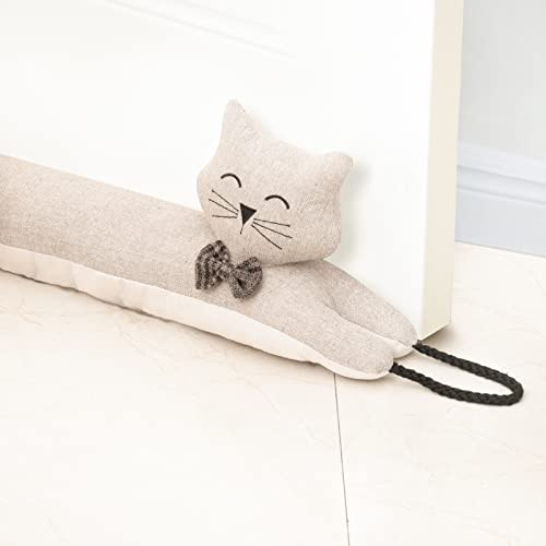 Marwood Dekorativer Windstopper für Tür und Fenster, beschwerter Tierluft-Tür-Zugluftstopper, Schlangen-Geräuschblocker für die Unterseite der Tür, mit Aufhängeschlaufen, Khaki, Katze, 96,5 cm