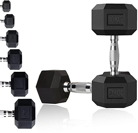 MAXSTRENGTH Sechskant-Hantel-Set, 7,5 kg, 10 kg, 15 kg, Einzel- oder Paar, mit Polykautschuk ummantelte Kurzhanteln, Gewichte, Gusseisen, Chrom, Krafttrainingsgerät für Zuhause oder Fitnessstudio