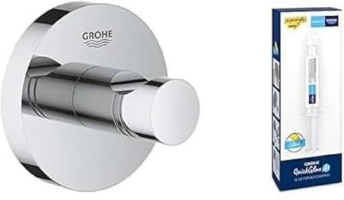 GROHE Lote Start QuickFix - Colgador de baño individual en cromo con Adhesivo QuickGlue A1 (pegamento sin taladrar para 1 punto de montaje), ref. 41173000