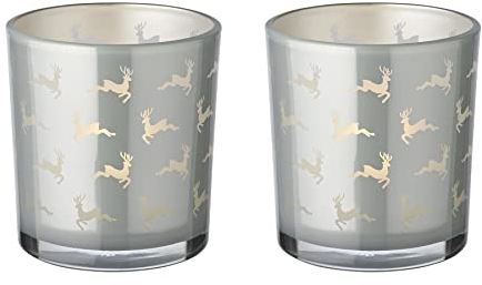 EDZARD 2er-Set Teelichtglas Hiti (Höhe 8 cm, ø 7 cm), grau, Windlicht mit Rentier-Motiv