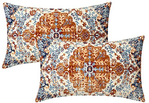 Senfgelb Blau ethnischer Boho-Lendenkissenbezüge, 30.5x50.8 cm, Bohemian-Teppich, Vintage, Orange, Grau, Blumenmuster, rechteckig, Bauernhaus-Akzent, Heimdekoration für Schlafzimmer, Veranda, 2 Stück