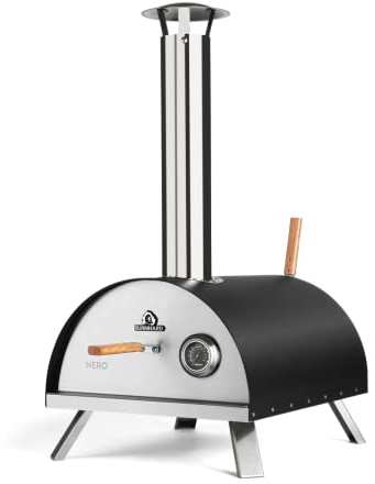 BURNHARD Horno para pizzas de exterior NERO, 500 °C, horno de leña portátil incl. pala para pizza y piedra de pizza de cordierita, multicombustible: leña, pellas, carbón vegetal, briquetas