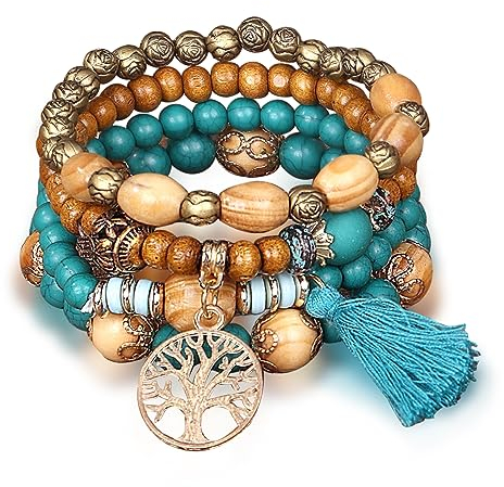 Sternstunde 4 Stück Boho Armbänder Damen, Chakra Armband für Frauen, Schmuck Boho Armreifen mit Holzperlen und Quaste, Chakra Armband, Lebensbaum-Charm, Liebe, Statement-Armreifen (D)