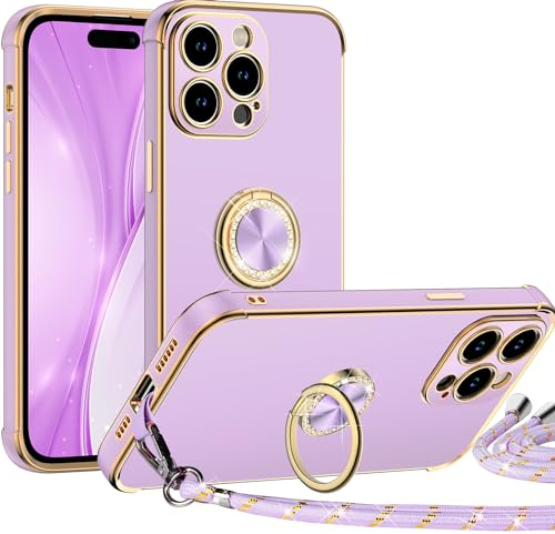 Miss Arts for iPhone 15 Pro Case with Ring Holder stand, Electroplated Luxury Phone Case with Lanyard Women Girls, Soft TPU Protective Shockproof Cover for iPhone 15 Pro, Purple