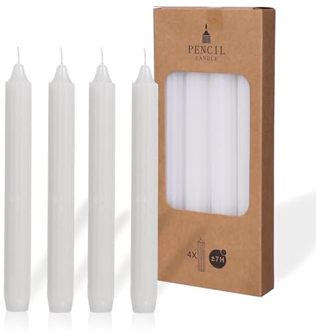 COMFORDER Stabkerzen Set, 4x Tafelkerzen einfarbig + gerippt, 20cm, 7 Stunden Brenndauer (Weiß)