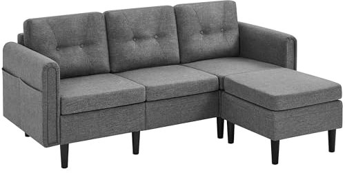 Yaheetech Sofá de 3 Plazas Tapizada Tela Sofa Cama con Otomana 189 cm Conjunto de Sofás Modernos Capacidad de 350 KG Gris