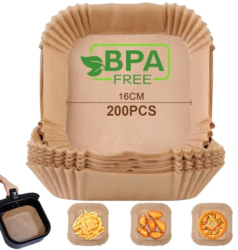 AiQInu Papel Freidora Aire Cuadrado, 200 Piezas 16-20 cm Food-Grade BPA free Papel Pergamino Desechable, Papel Horno de Aceite Antiadherente para 3-4.5L Freidora de Aire y Microondas