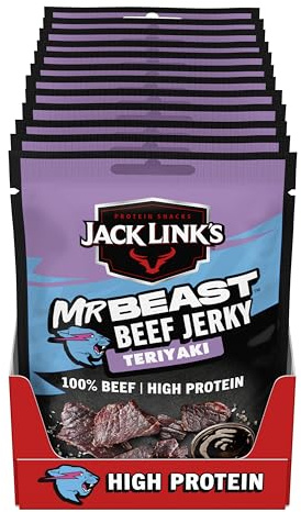 Jack Links Beef Jerky Teriyaki – 12er Pack (12 x 60g) – Trockenfleisch Eiweiß Snacks - High Protein Snack für Gym, Fitness, Outdoor - American Food für Menschen - Dörrfleisch Chips aus Rind Fleisch