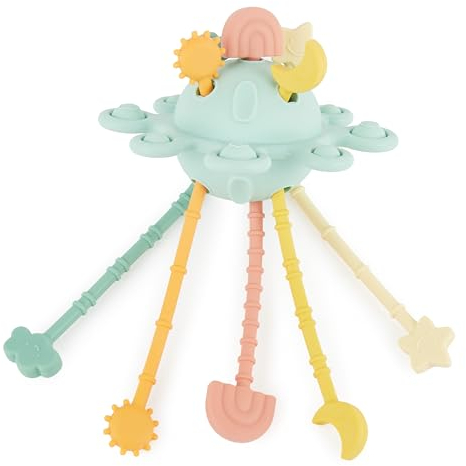 Bieco Silikon Activity Planet Eucalyptus | Montessori Spielzeug Baby 1 Jahr | UFO Spielzeug Baby Motorikspielzeug Silikon Zugschnur Spielzeug ab 1 Montessori Spielzeug Silikon Baby Sensorik Spielzeug