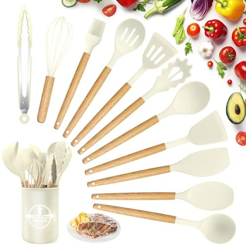 Küchenhelfer Set aus Silikon, 22-teiliges küchenutensilien, hitzebeständig, antihaftbeschichtet, Hitzebeständiger Kochgeschirr mit Utensilienhalter,mit Holzgriff für BPA-freie Utensilien
