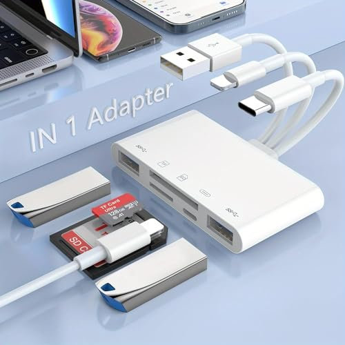 5 in 1 SD Kartenleser für iPhone, Speicherkartenleser USB/USB C auf SD/TF Karte USB OTG Adapter auf SD Kartenadapter mit Ladeanschluss für iPhone/iPad/MacBook/Samsung/PC Plug and Play SD/Micro SD