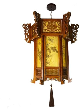LUOYAOB Modern Pendelleuchte Massivholz Sechseck-Kronleuchter Chinesischer Stil Antike Palast Laterne LED-Deckenleuchte for Balkon Villa Tempel Villa Innenhof Pavillon(35cm)
