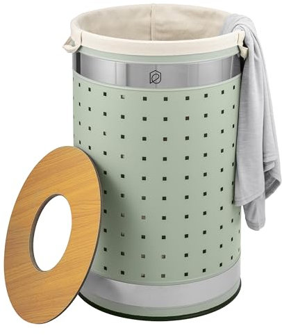 eluno runde Wäschetonne, Wäschekorb, Wäschesammler mit waschbarem Wäschesack und abnehmbaren Deckel, 50 Liter Fassungsvermögen für Schlafzimmer, Badezimmer, Wäscheaufbewahrung aus Metall (Mint)