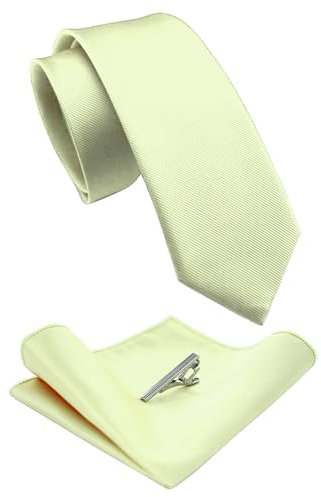 JEMYGINS Schmale Herren Krawatte und Einstecktuch krawattenklammer Set 6cm milchig weiß