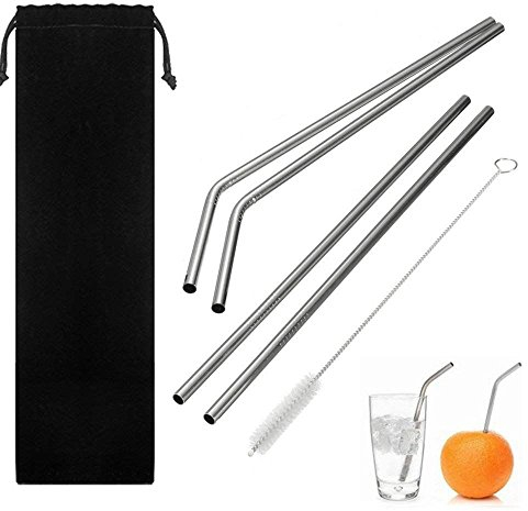Lisher Trinkhalme aus Edelstahl, wiederverwendbar, 5 Stück, 25,4 cm (10,5 ) + 2 gerade Strohhalme mit 25,4 cm + 1 Reinigungsbürste 9,5